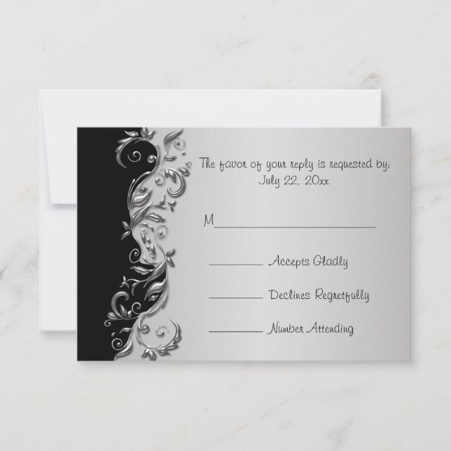 RSVP Elegant Black and Silver Floral Wedding (Front)