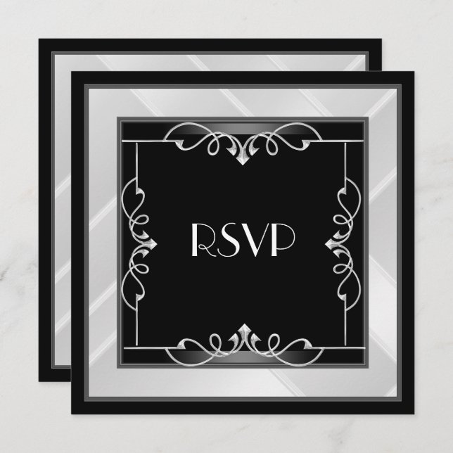 RSVP Elegant Black Silver White Art Deco Invitation (Front/Back)
