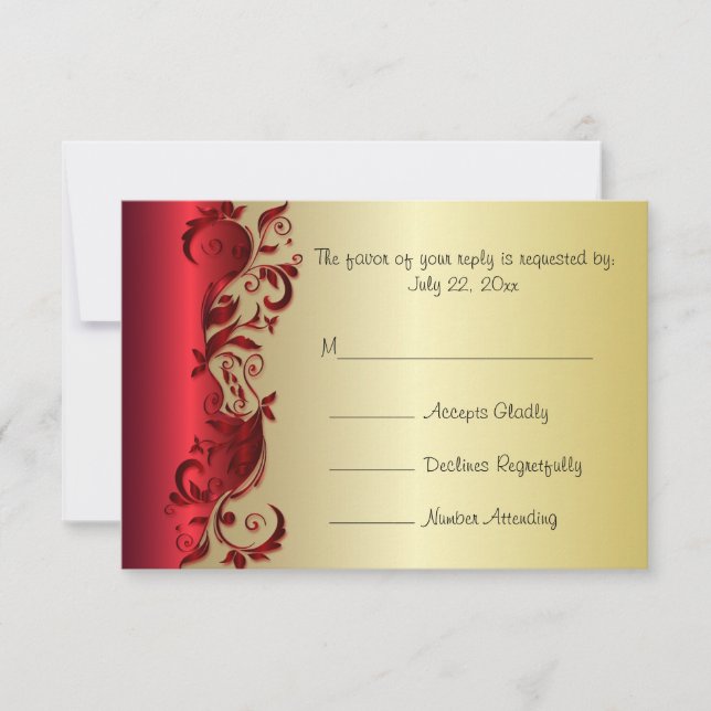 RSVP Elegant Red & Gold Florid Wedding Design Card (Front)