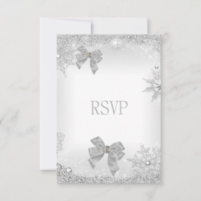 RSVP Elegant Wedding Glitter Silver White Bow Set Card (Front)