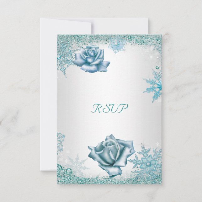 RSVP Elegant Wedding Glitter Teal Blue white Roses Card (Front)