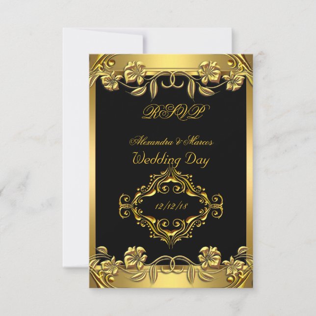 RSVP Elegant Wedding Ornate Floral Black Gold (Front)