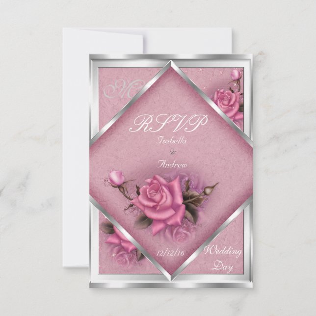 RSVP Elegant Wedding Pink Rose Silver Bouquet Card (Front)