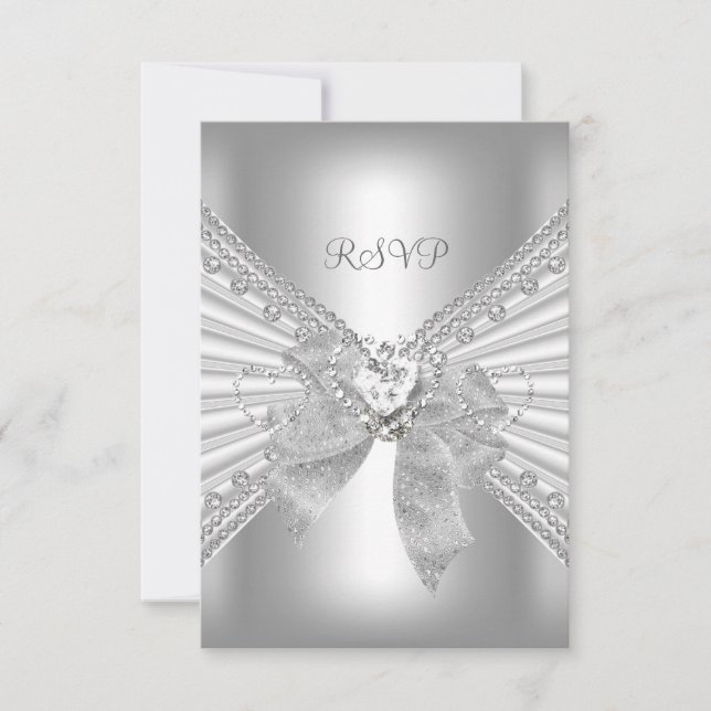 RSVP Engagement Diamond Heart White Silver Bow Card (Front)