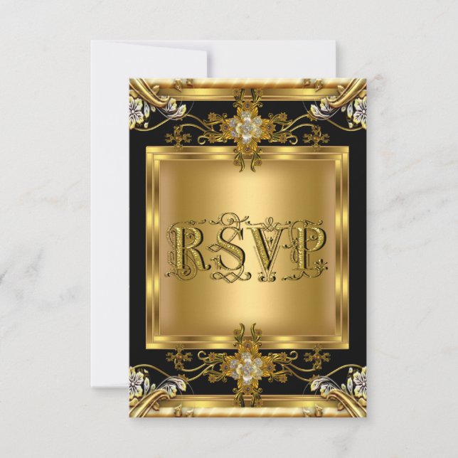 RSVP Engagement Elegant Gold Floral Jewel Black 2 (Front)
