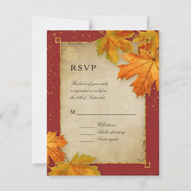 RSVP Fall Autumn Falling Leaves Elegant Wedding Card (Front)