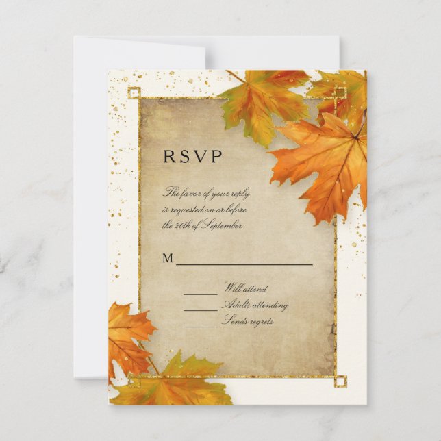 RSVP Fall Autumn Falling Leaves Elegant Wedding Card (Front)