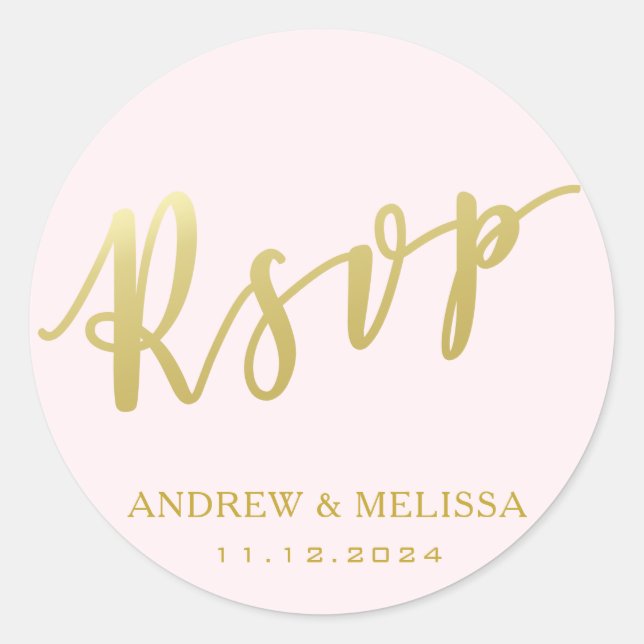 RSVP | Faux Gold Brush Script - Blush Pink Wedding Classic Round Sticker (Front)