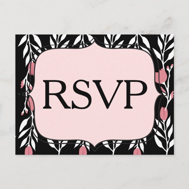 RSVP Floral Pink White and Black Invitation Postcard (Front)