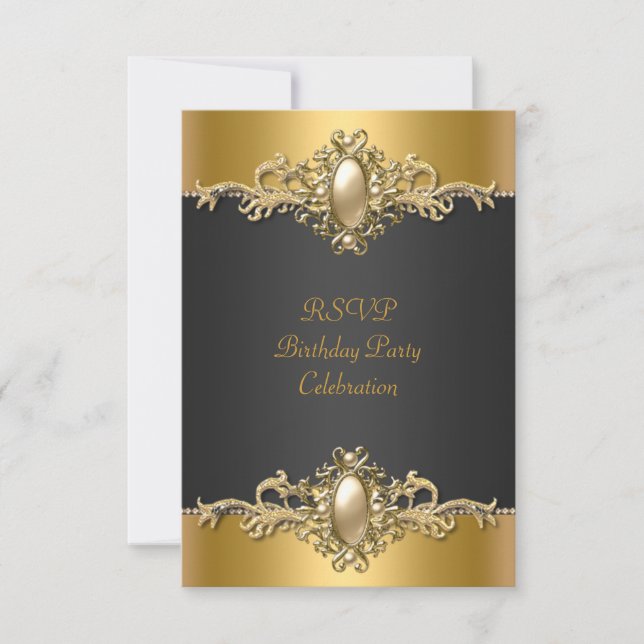 RSVP Gold Black Elegant Birthday Party Pearl Card (Front)