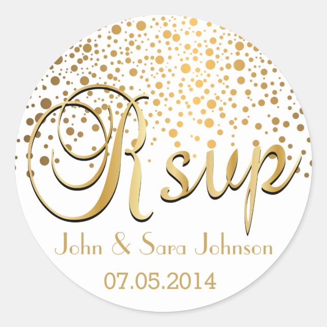 RSVP | Gold Confetti Dots | Personalise Classic Round Sticker (Front)