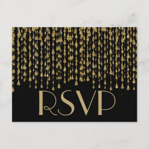 RSVP   Gold Confetti Streams with Black Background Invitation Postcard