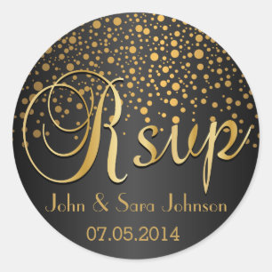 RSVP   Gold Dots and Black   Personalise Classic Round Sticker