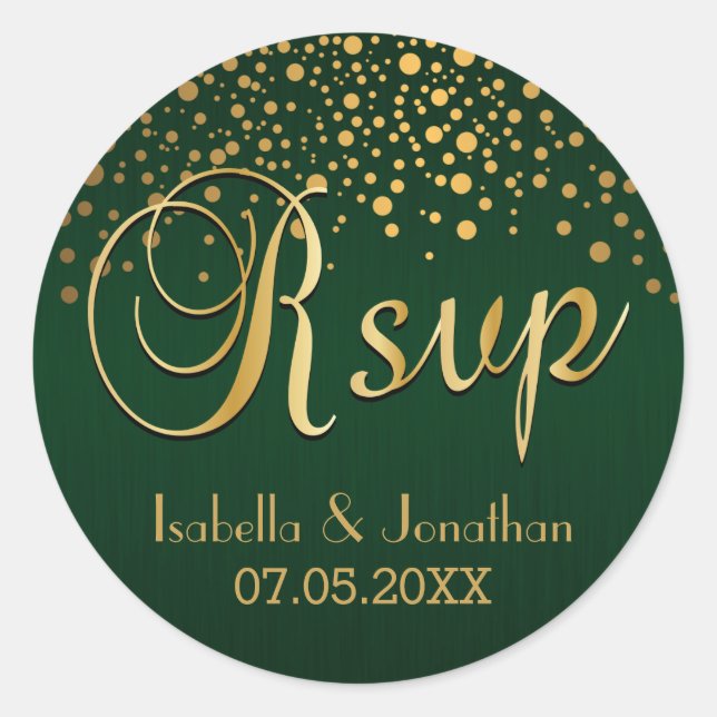 RSVP | Gold Dots and Green | Personalise Classic Round Sticker (Front)