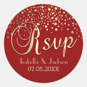 RSVP   Gold Dots and Red   Personalise Classic Round Sticker