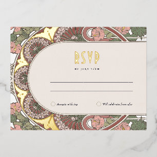 RSVP Gold Pink Reply Vintage Art Nouveau Foil Holiday Postcard