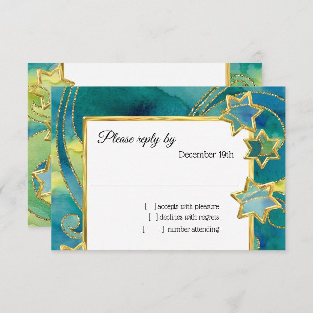 RSVP Gold Star Abstract Watercolor Blue Green Invitation (Front/Back)