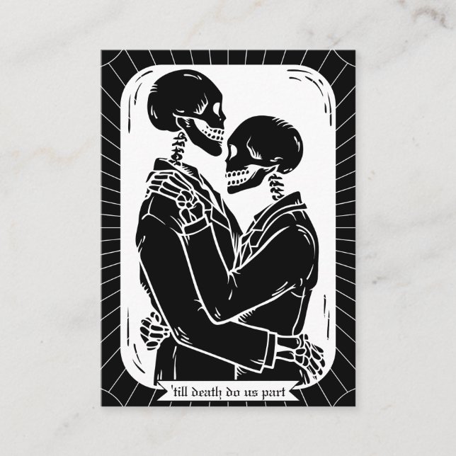 RSVP Gothic Skeletons Till Death Wedding QR code Enclosure Card (Front)