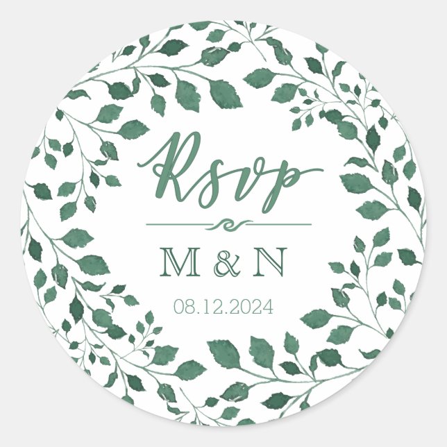 RSVP | Green Leaves Wreath Monogram Wedding Classic Round Sticker (Front)