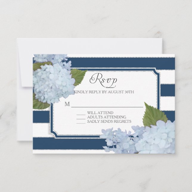 RSVP Hydrangea Modern Elegant Navy White Stripe Card (Front)