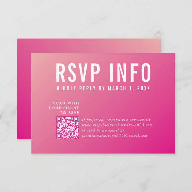 RSVP INFO CARD modern pretty bright pink qrcode (Front/Back)