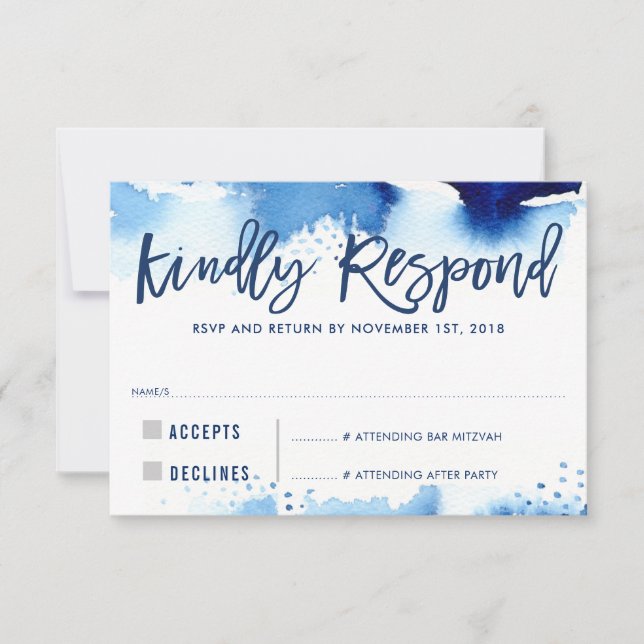 RSVP KINDLY RESPOND modern dark blue watercolor Card (Front)