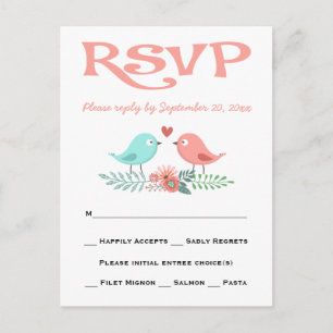 RSVP Love Birds Pink and Blue Floral Wedding Party Invitation Postcard