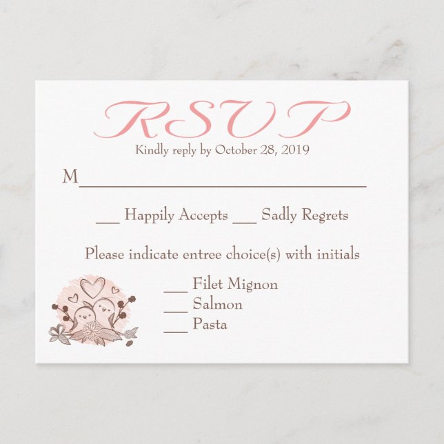 RSVP Lovebirds Pink And Brown Response Card (Front)