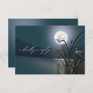 RSVP Menu Dusty Teal Full Moon Dragonfly Pond Invitation