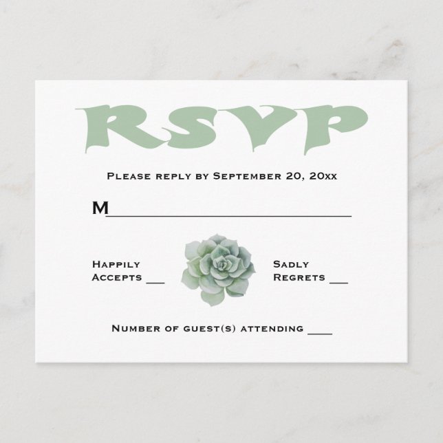 RSVP Mint Green Succulent Cactus Wedding Response Invitation Postcard (Front)