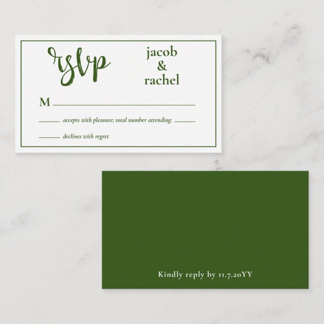RSVP Modern Dark Forest Green Wedding RSVP Card (Front/Back)
