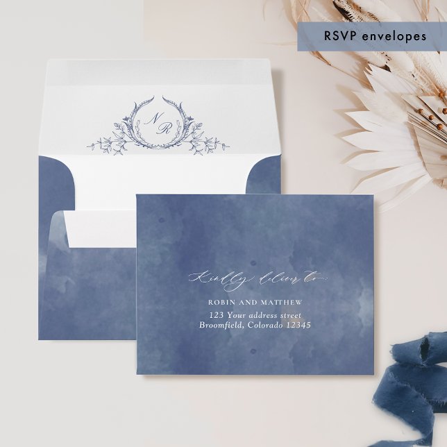 RSVP Navy Blue Watercolor w/ Return Address Crest  Envelope (Creator Uploaded)