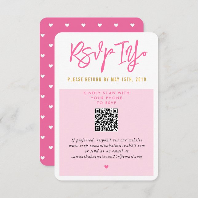 RSVP ONLINE pretty pink white hearts gold qrcode (Front/Back)