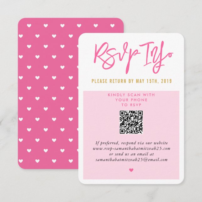 RSVP ONLINE pretty pink white hearts gold qrcode Card (Front/Back)