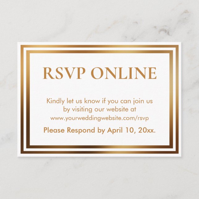 RSVP Online Simple Elegant Gold Tone and White Enclosure Card (Front)