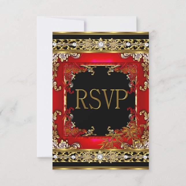 RSVP Party Ornate Red Asian Gold Bamboo Image Card (Front)