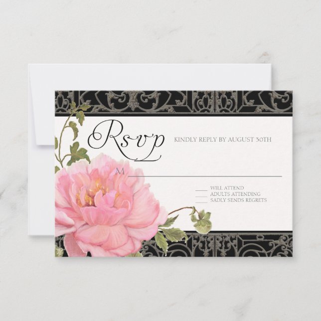 RSVP Pink Peony Fence Elegant Floral Weddings Card (Front)