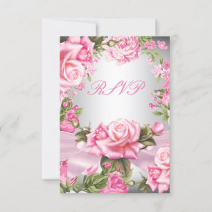 RSVP Pink Rose Bow Silver Floral Birthday Party Card