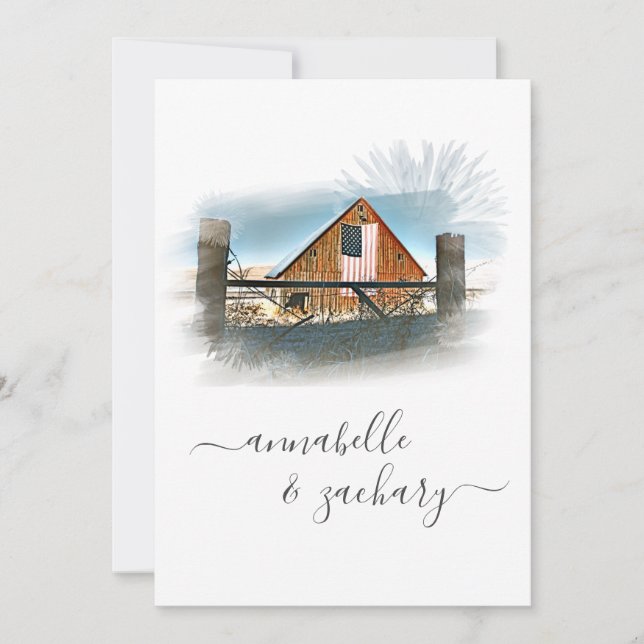*~* RSVP QR American Flag Old Barn AR19 Wedding Invitation (Front)