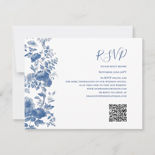 RSVP QR Code French Floral Toile Blue Wedding  Card (Front)