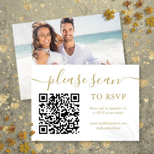 RSVP QR Code Simple Gold Script Photo Card