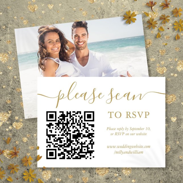 RSVP QR Code Simple Gold Script Photo Card (RSVP QR Code Simple Gold Script Photo)