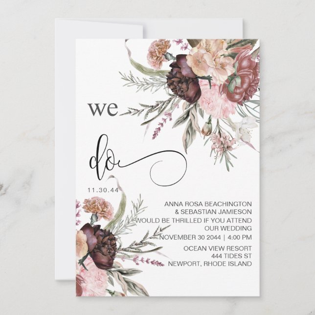 *~* RSVP QR Floral Maroon Rose AR15 WEDDING Invitation (Front)