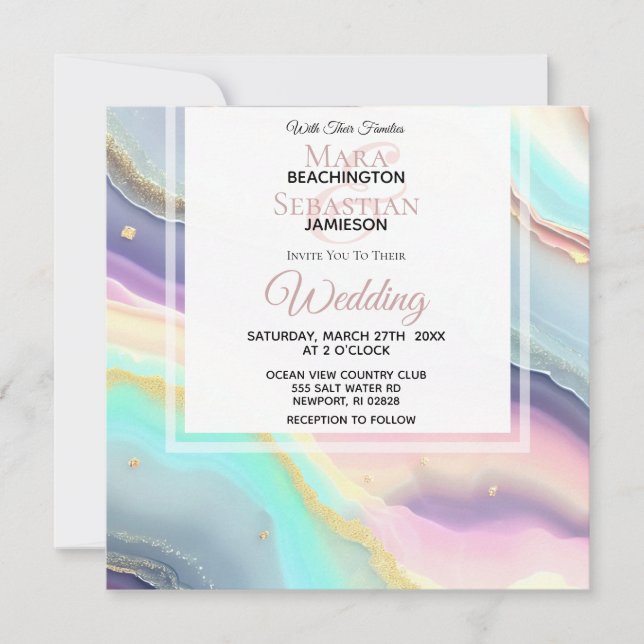 *~*  RSVP QR PASTEL AGATE AR66 Gold Wedding Invitation (Front)