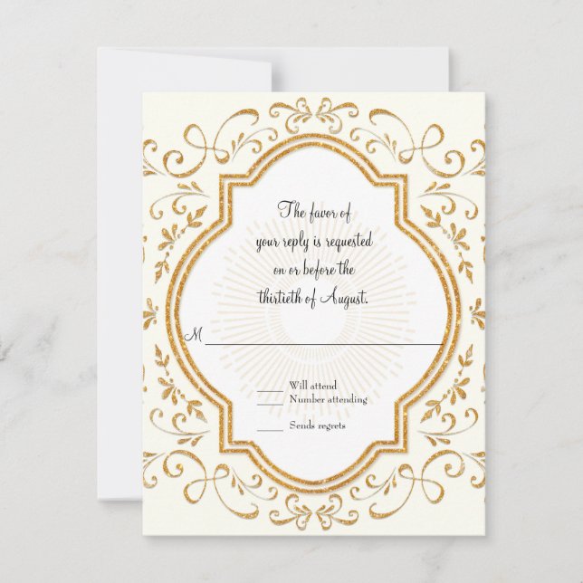 RSVP Quatrefoil Frame Script Swirl Gold Glitter Card (Front)