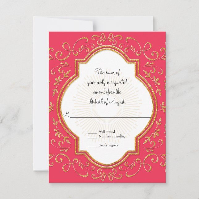 RSVP Quatrefoil Frame Script Swirl Gold Glitter Card (Front)