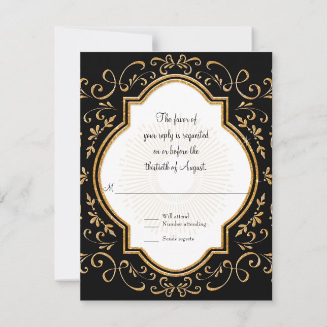 RSVP Quatrefoil Frame Script Swirl Gold Glitter Card (Front)
