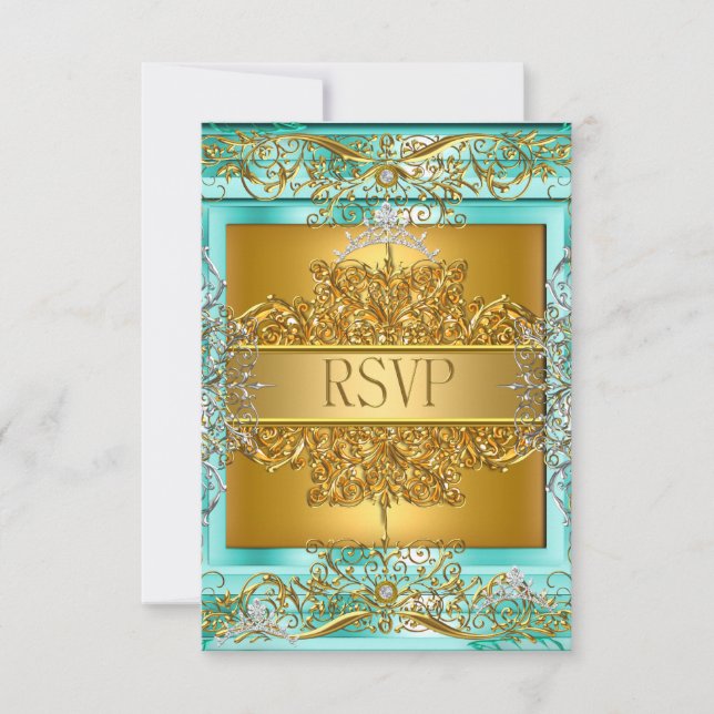 RSVP Quinceañera 15th Birthday Gold Teal (Front)