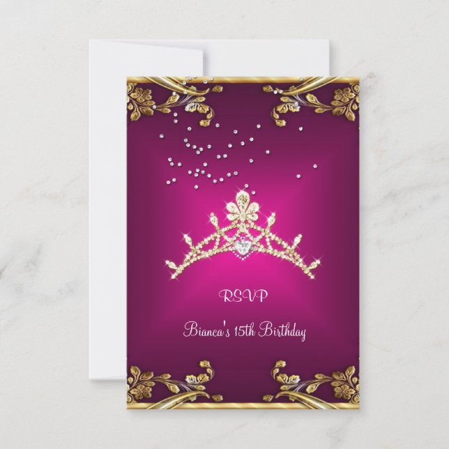 RSVP Quinceanera Birthday Pink Tiara Gold Diamond (Front)