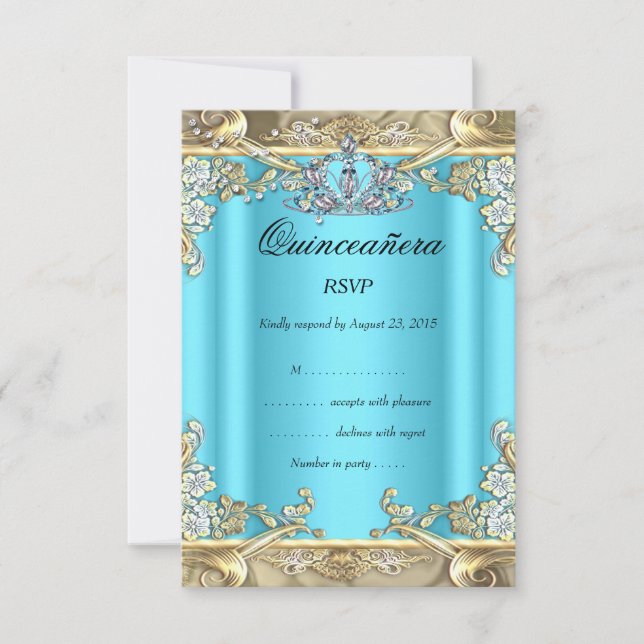 RSVP Quinceanera Blue Aqua Teal Gold 15th Birthday Card (Front)